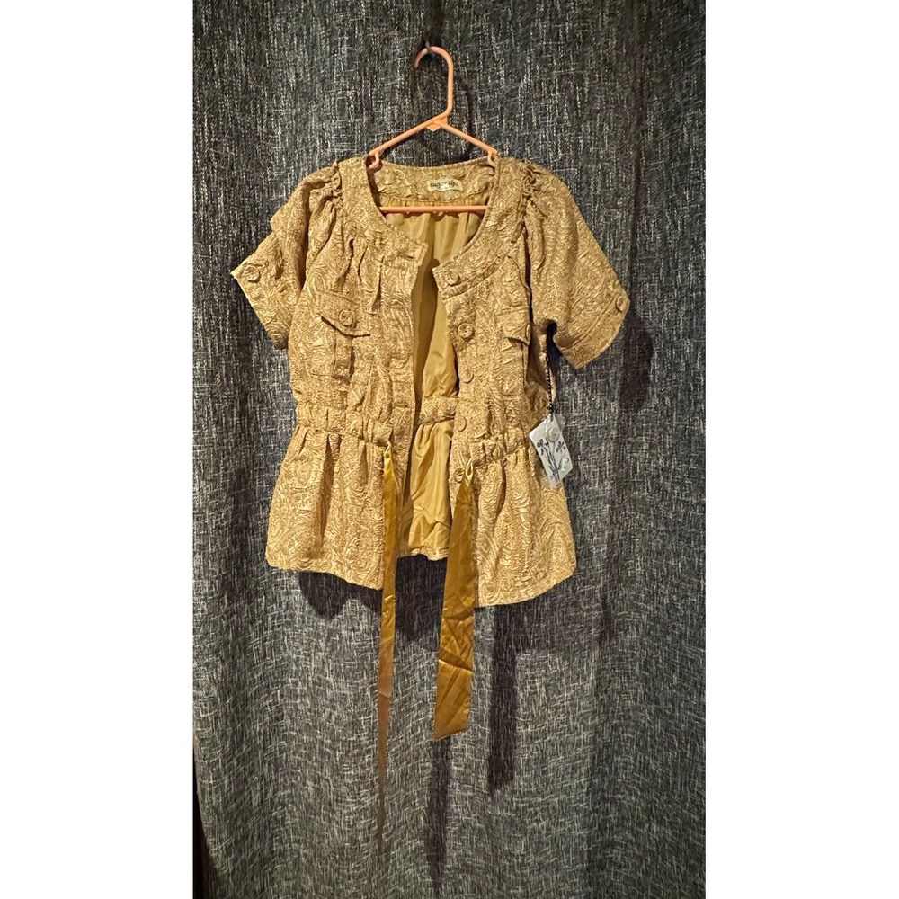 Sugar Lips Women's Gold Paisley Lined Short Sleeve Button Jacket Size M